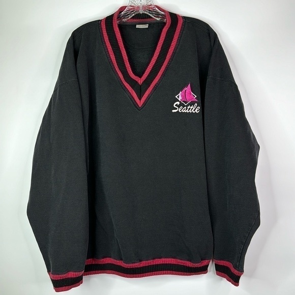 Vintage BAC Premier Seattle Sailing Black Vneck Sweater XL 80s - Picture 1 of 8